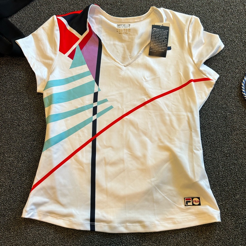 Fila Women's V-Neck Tee - White with Red and Blue Accents